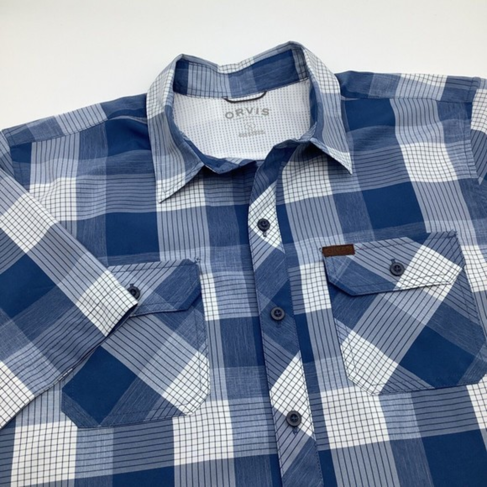 Orvis Mens Short Sleeve Button‎ Up Shirt Blue Checkered Size Large
